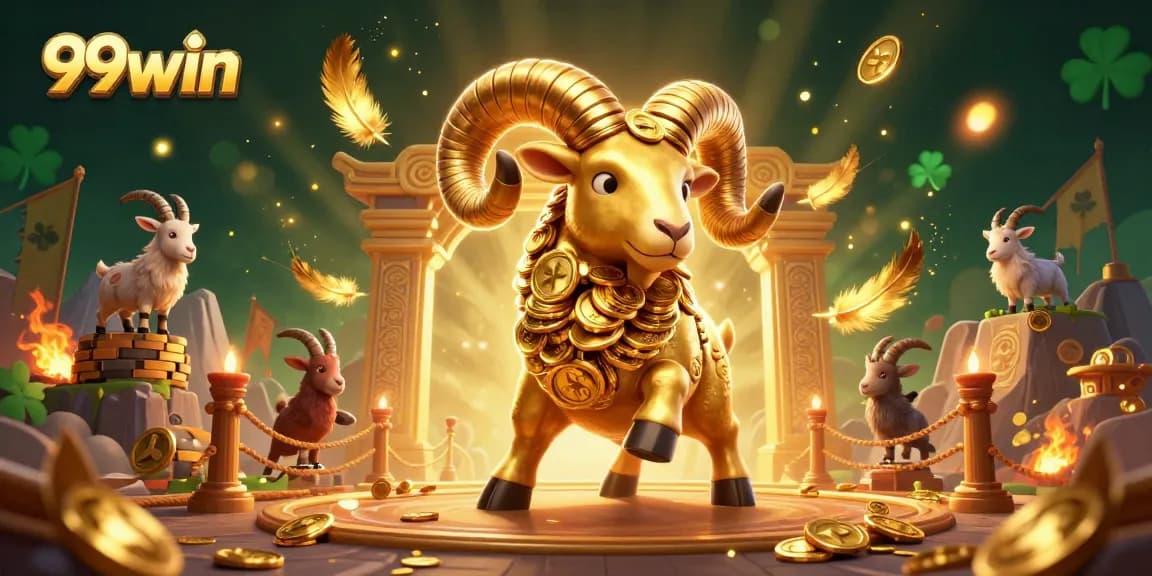 Experience exhilarating gaming with 99win's golden ram amidst a dynamic casino atmosphere.