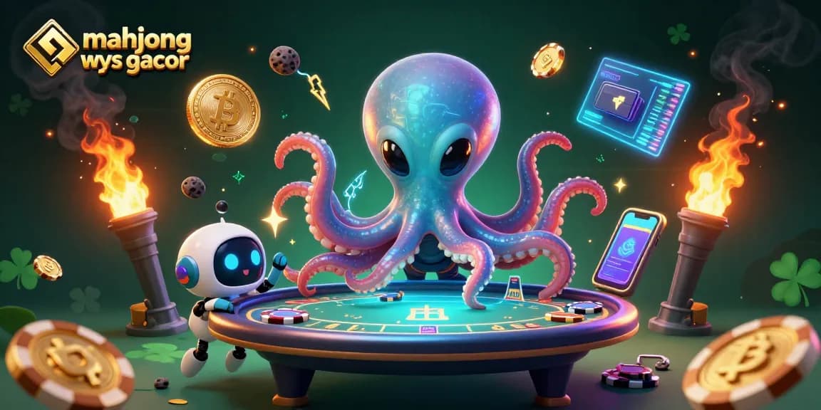 Experience thrilling mahjong ways gacor with an alien octopus at a holographic casino table, surrounded by vibrant cash elements.