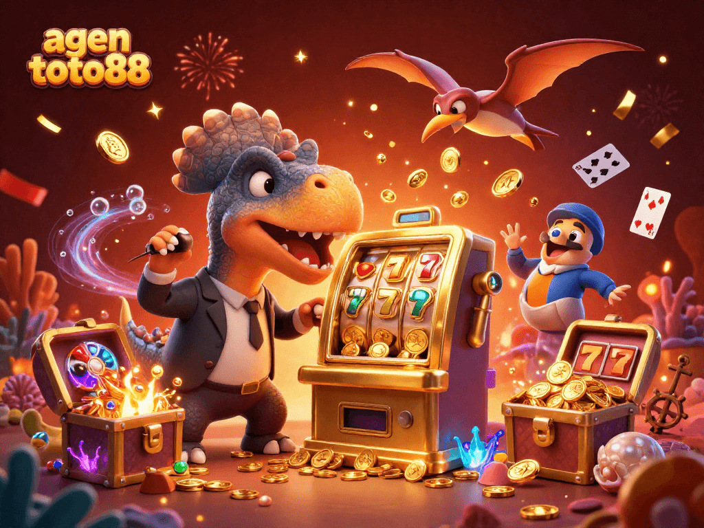 Experience excitement at agen toto88 with a pachycephalosaurus winning jackpots at a golden slot machine surrounded by casino riches.