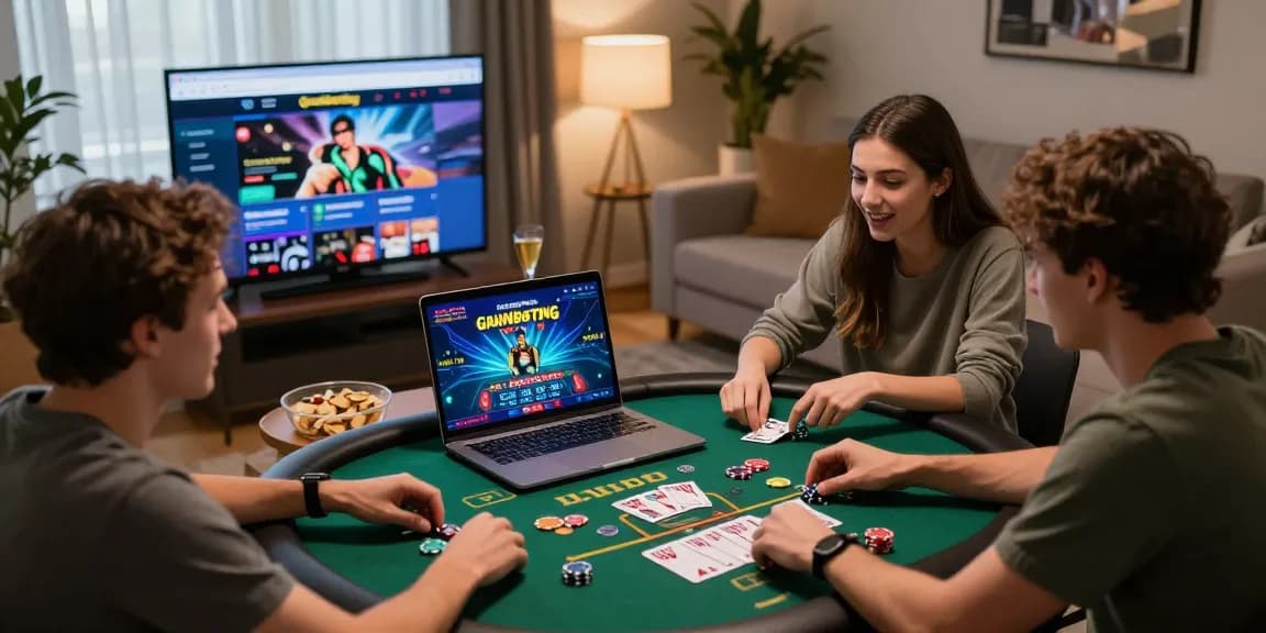 Exciting scene of friends enjoying grandbetting live casino experience together.