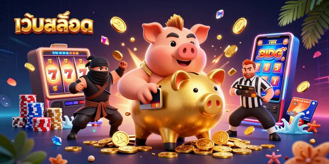 Play exciting เว็บสล็อต games with a golden piggy bank sumo wrestler amidst sparkling coins and slot reels.