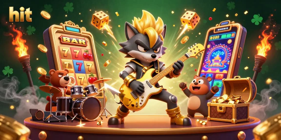 Hit into thrilling jackpots with our vibrant casino illustration featuring a rock star wolf and drummer bear.