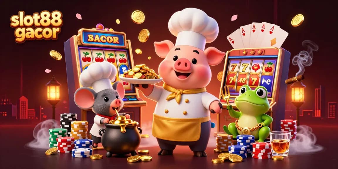Gambarlah slot88 gacor dengan karakter koki babi, tikus, dan katak yang menghidangkan koin emas.