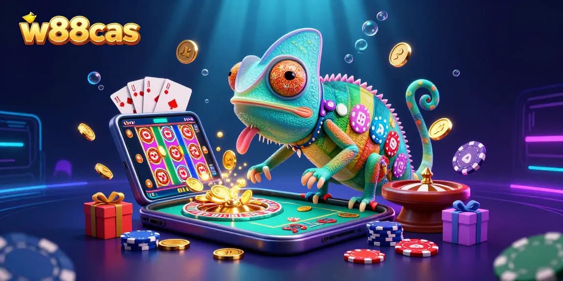 Play exciting games at w88cas with a vivid chameleon casino owner amidst dynamic gambling elements.