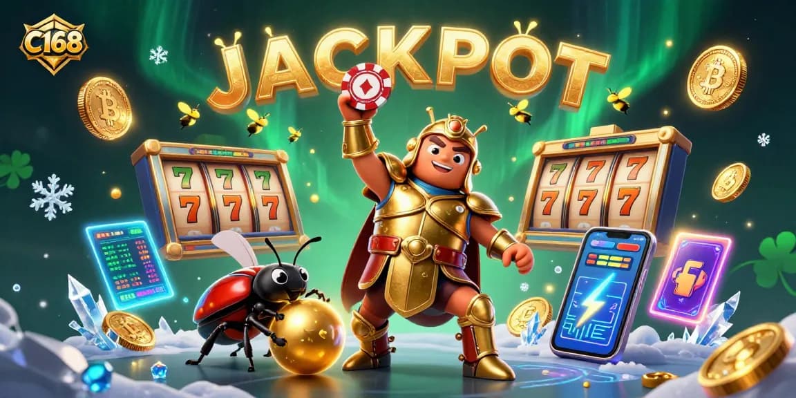 C168 jackpot celebration with a heroic beetle lifting a poker chip, vibrant slot reels and coins surrounding it.