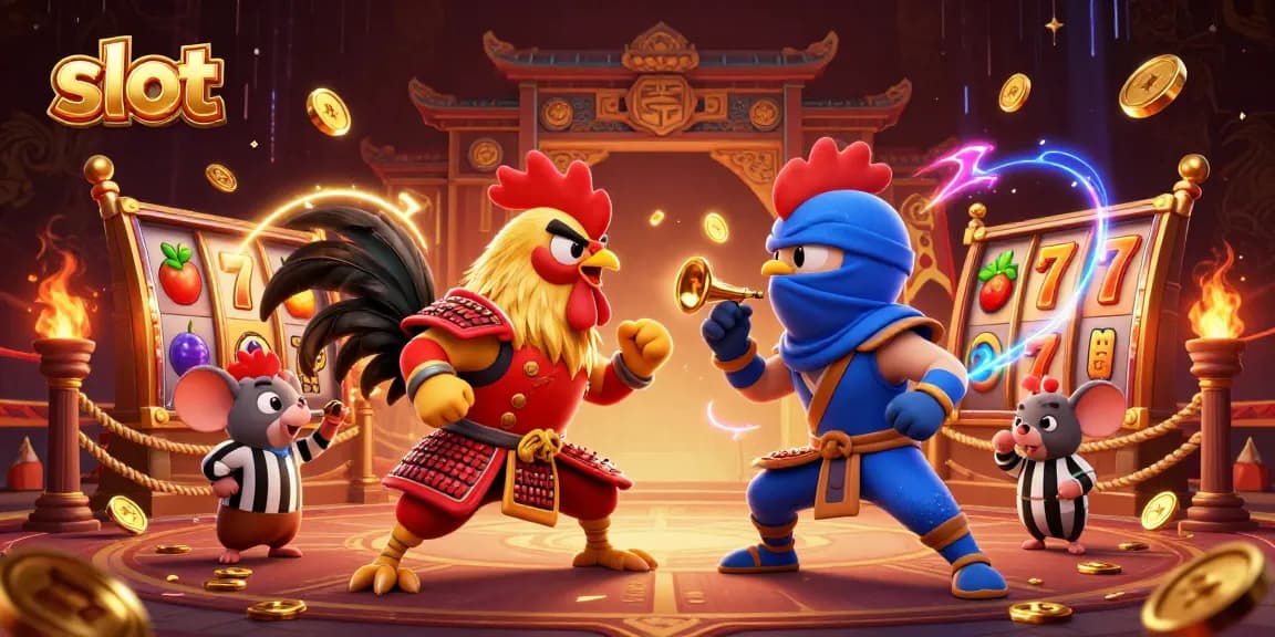 Engaging slot action between two fierce cartoon roosters in a vibrant casino setting.