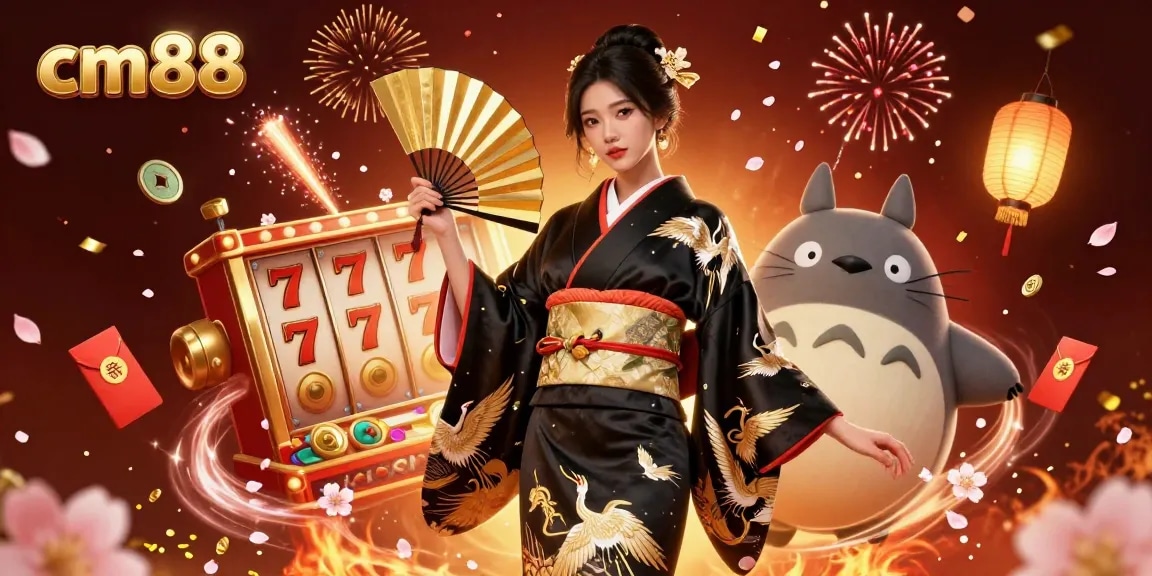 Experience the excitement of cm88 with vibrant slot reels and festive elements in this rich casino illustration.