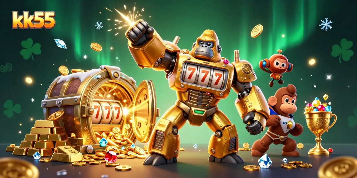 Experience big wins with kk55 in an explosive casino adventure featuring golden treasures and a mech warrior.