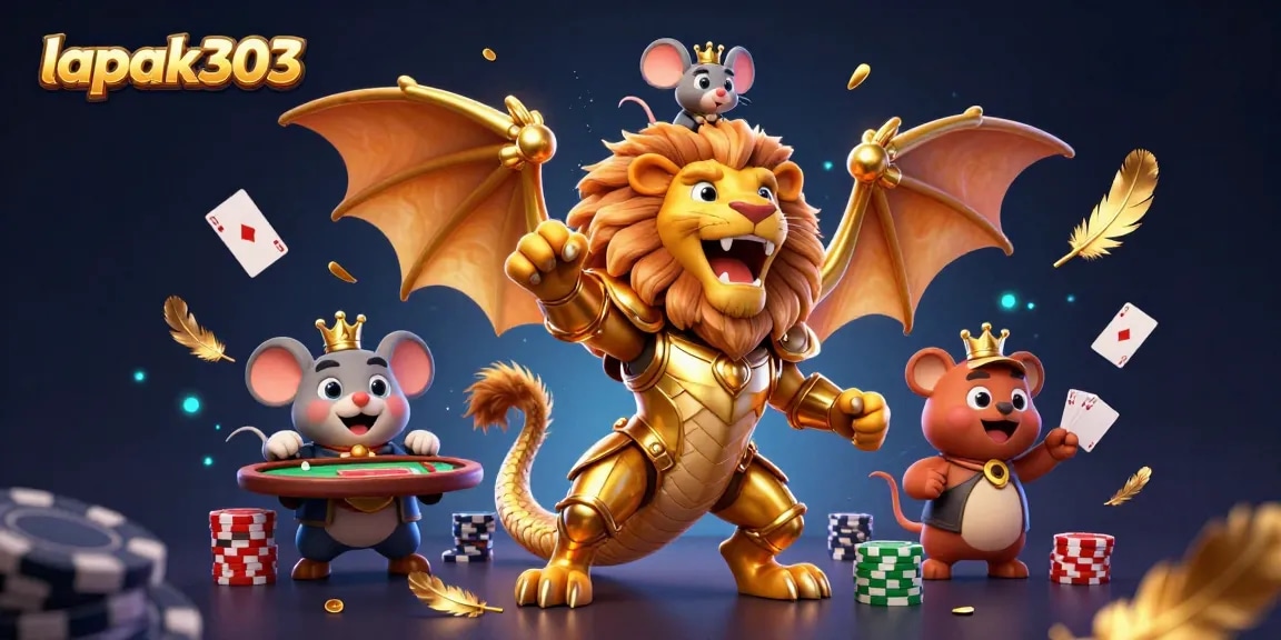 Join the thrilling poker action at lapak303 with a dynamic 3D illustration featuring a powerful chimera and poker elements.