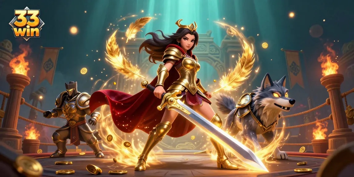 Experience 33 win in an epic, immersive casino battle scene with vibrant characters and rich details.