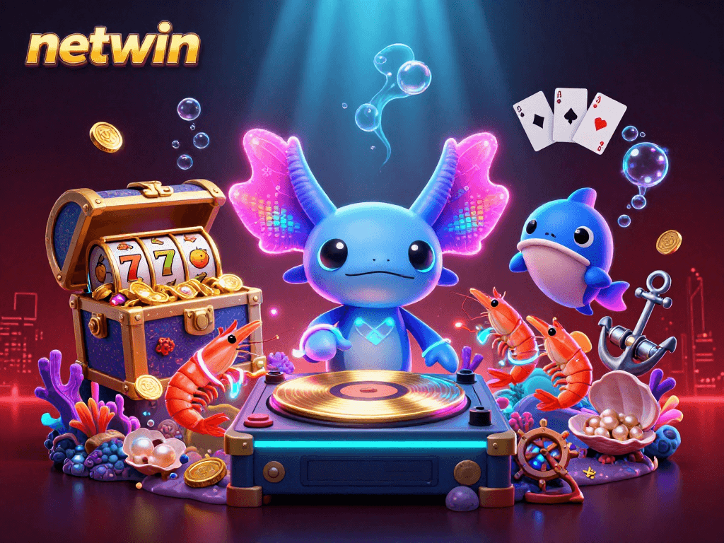 Experience thrilling gameplay with netwin's vibrant casino scene featuring a DJ axolotl and glowing treasures.