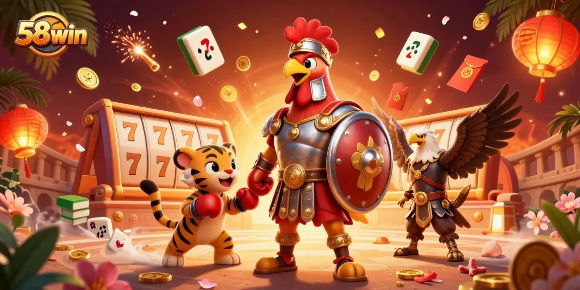 Experience the thrill of slots at 58win with this engaging 3D illustration of a rooster gladiator.