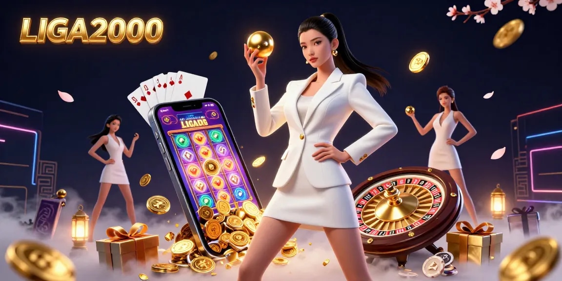 LIGA2000 menampilkan seorang wanita percaya diri yang memegang bola roulette di tengah elemen dinamis kasino.