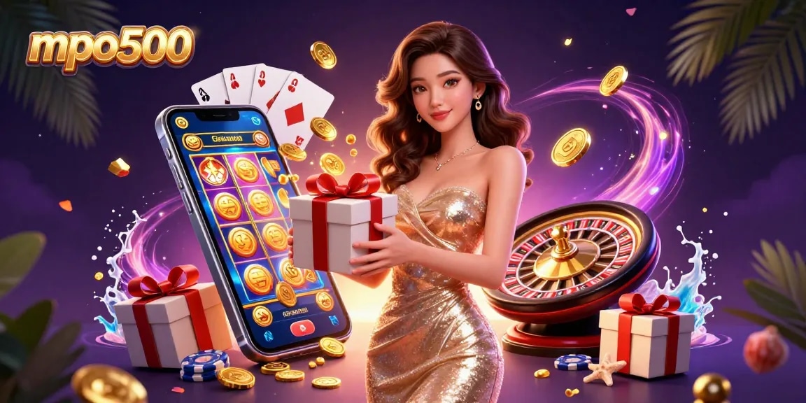 Experience mpo500 excitement with golden coins, slot games, and festive decorations in this vibrant casino scene.