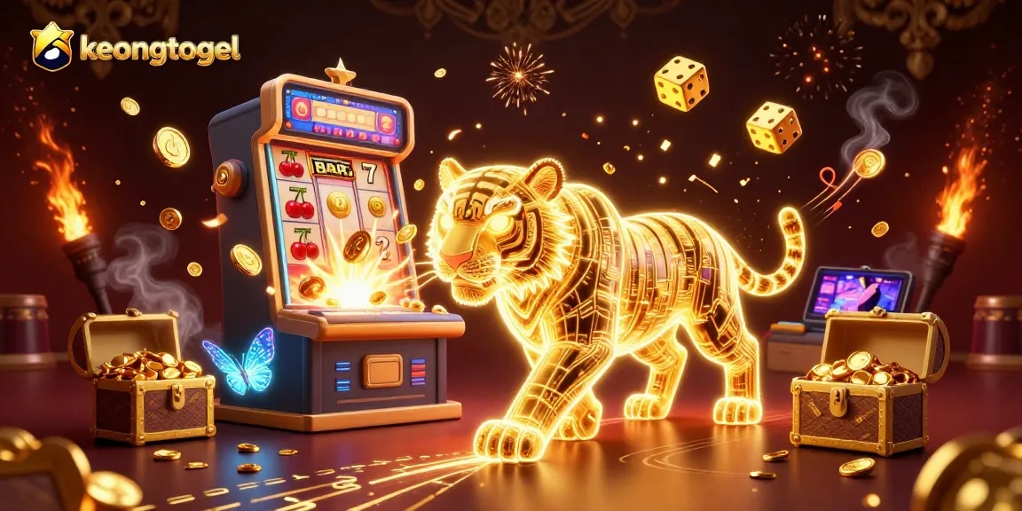 Engage with keongtogel's vibrant casino experience featuring a golden tiger and jackpot elements.