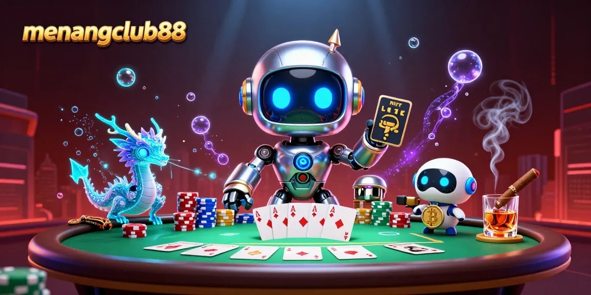 Win exciting games with menangclub88 at a vibrant neon-themed casino scene.