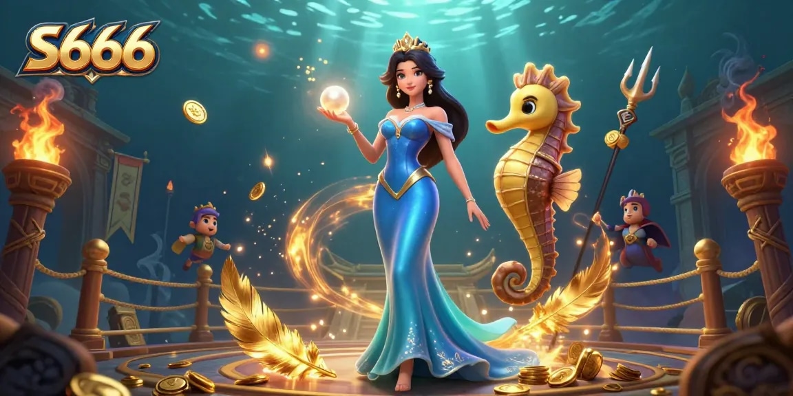 Experience S666 action with a stunning underwater casino scene featuring a glowing pearl and seahorse king.