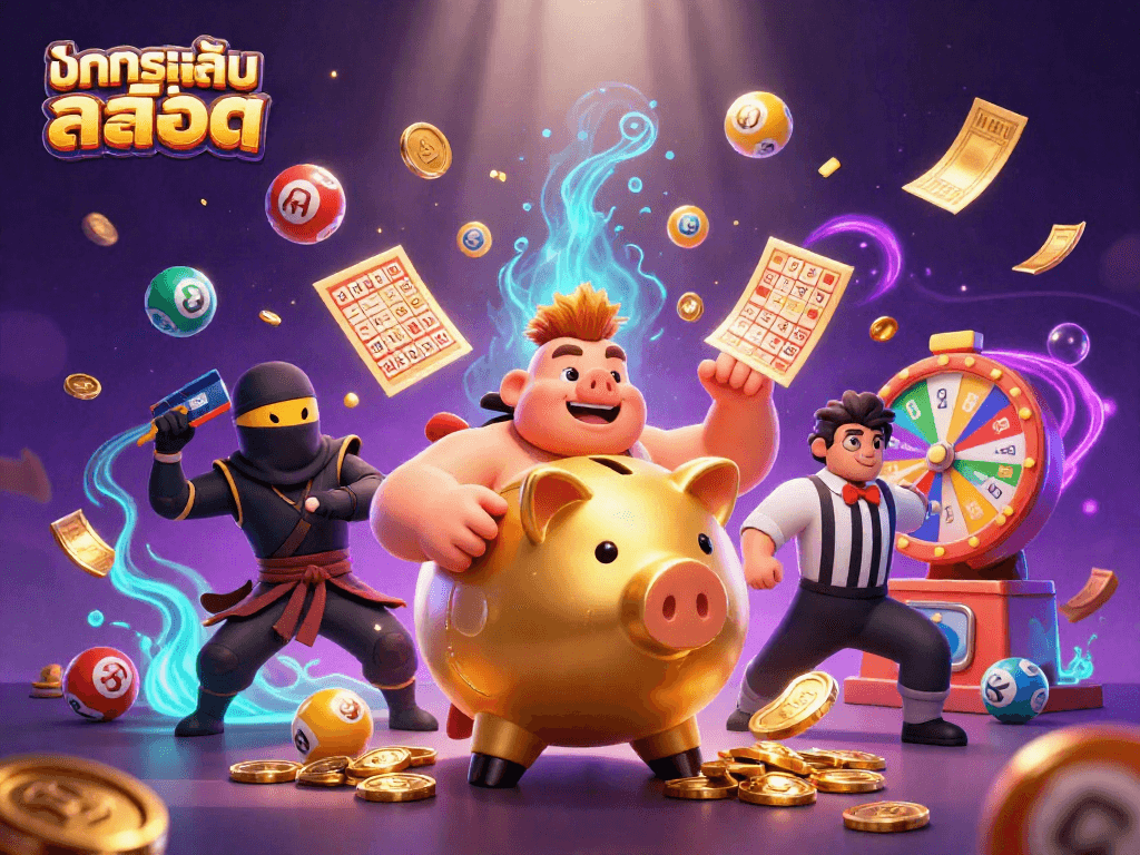 Experience ทดลองเล่นสล็อต with a vibrant scene featuring golden piggy bank sumo wrestler amidst dynamic lottery elements.