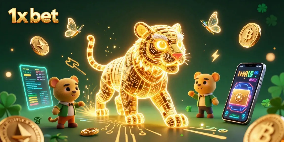 Experience the electrifying world of 1x bet, where a golden energy tiger prowls a digital casino, surrounded by vibrant crypto elements.