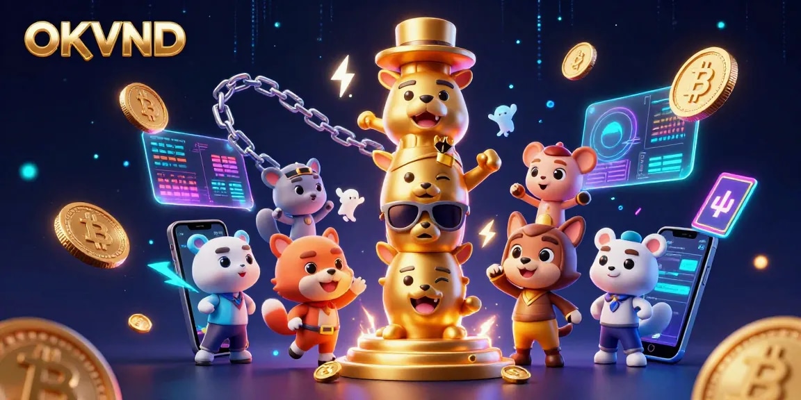 Engage with OKVND in an exciting digital casino realm featuring vibrant 3D animals and cryptocurrency elements.