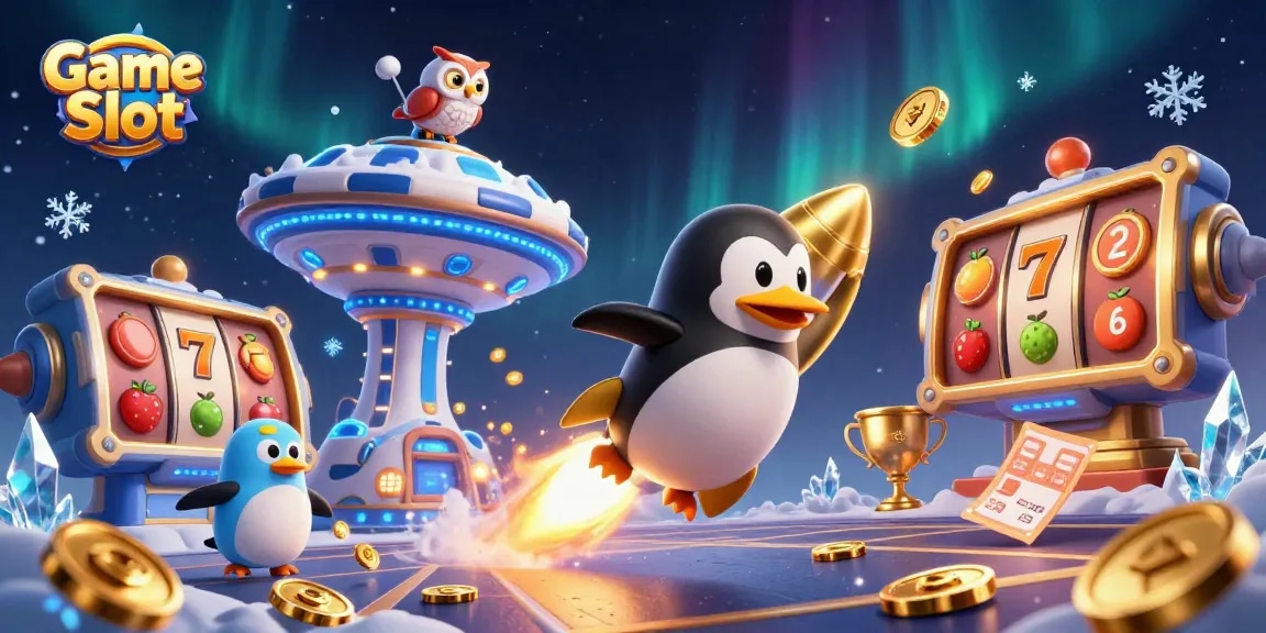Experience Game Slot excitement with a golden penguin racing towards a cosmic casino.