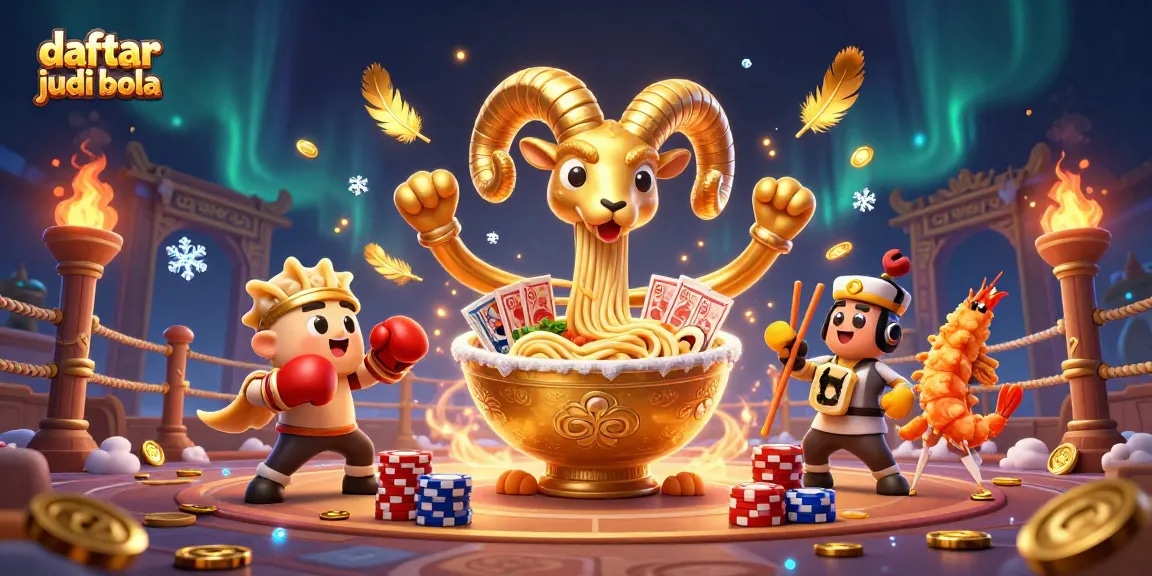 Place your bets with daftar judi bola as a stylish 3D cartoon ramen bowl dealer surrounded by energetic food characters.