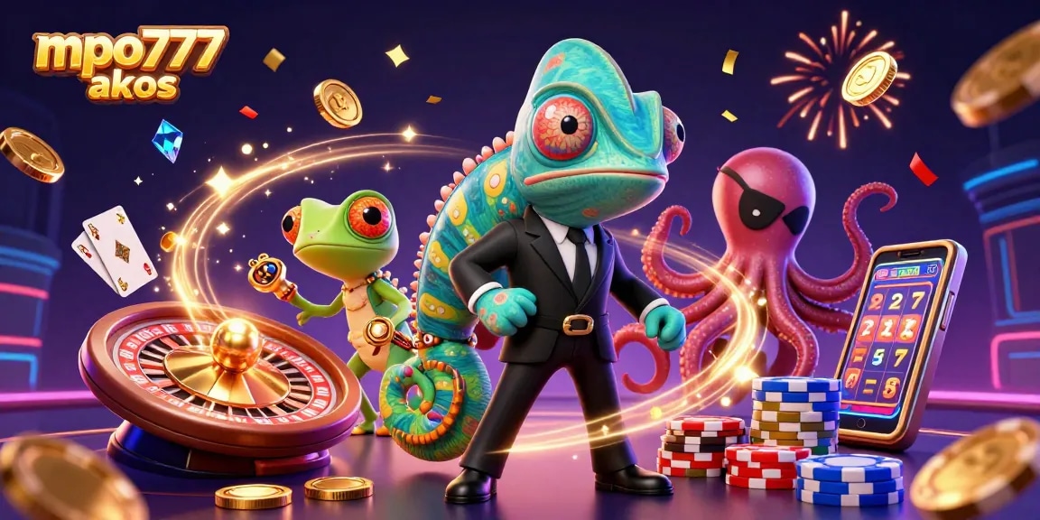 Engage with mpo777 akses through a vibrant illustration of an animated casino scene featuring characters and gaming elements.