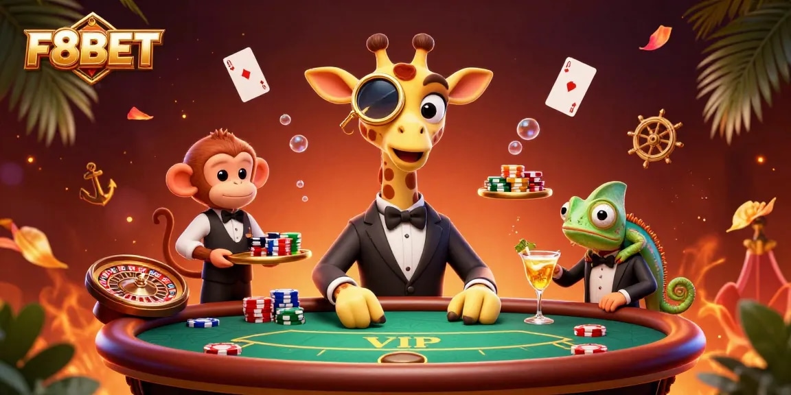 Experience the thrill of F8BET with this vibrant illustration of a giraffe and friends at a poker table.