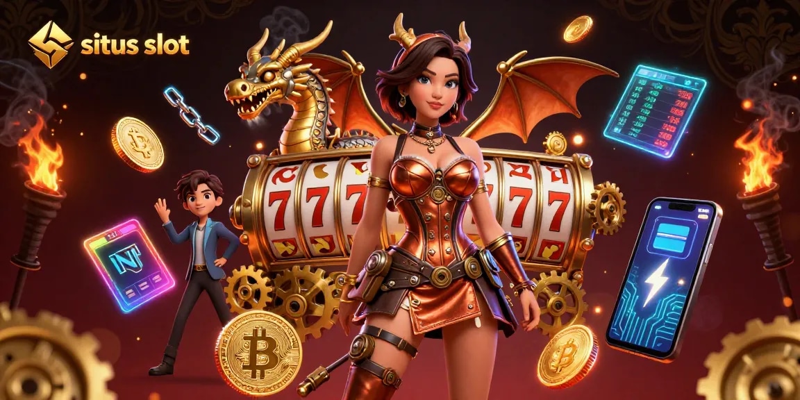 Explore exciting situs slot with thrilling slot reels and 3D immersive characters in this vibrant scene.