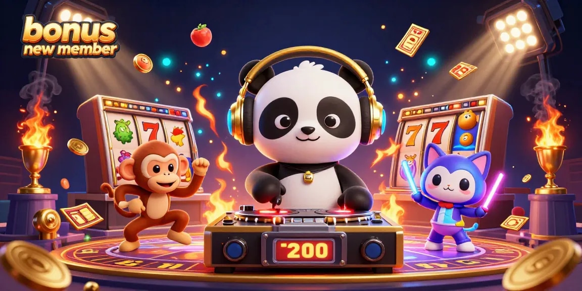 Engage with the exciting bonus new member offers, featuring vibrant slot game elements and fun characters.