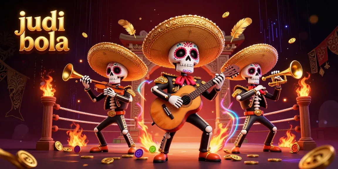 Experience judi bola excitement with a vibrant 3D illustration featuring mariachi skeletons and betting elements.