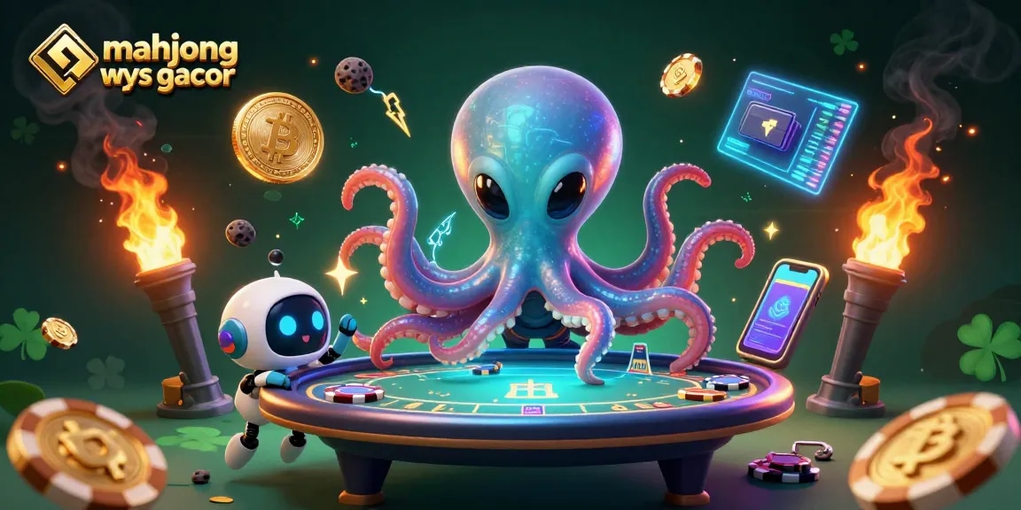 Experience thrilling mahjong ways gacor with an alien octopus at a holographic casino table, surrounded by vibrant cash elements.