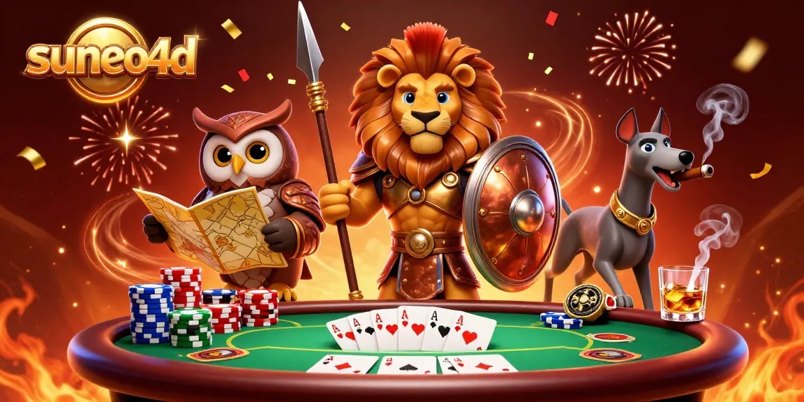 Suneo4D vibrant gambling scene featuring heroic characters surrounded by poker elements.