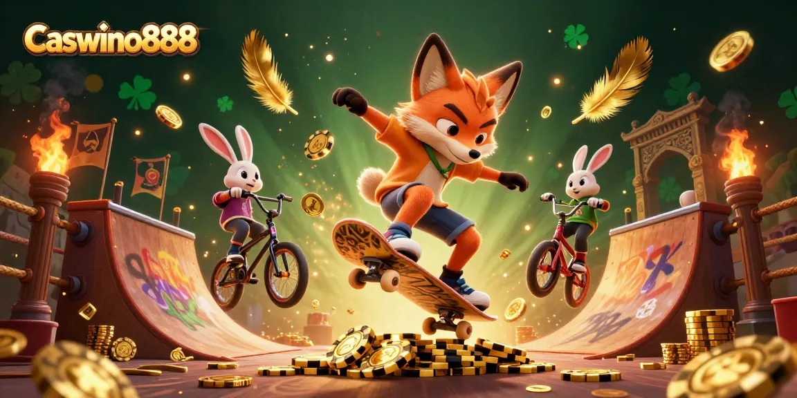 Experience thrilling gaming at Caswino888 with vibrant characters and casino elements in a dynamic 3D scene.