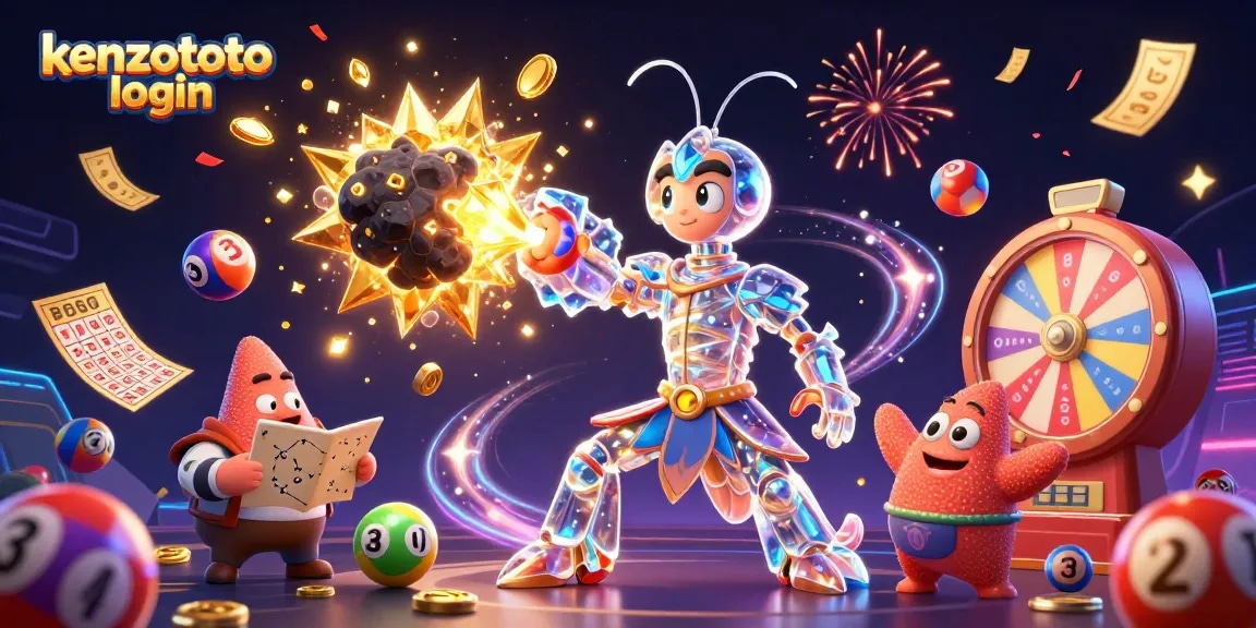 Play engaging games at kenzototo login with an exciting 3D digital casino illustration filled with lottery elements.