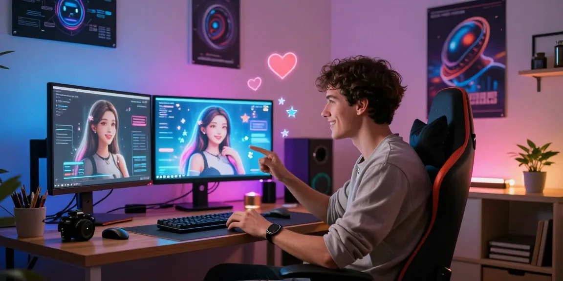 Engaging scene of a user interacting with a lifelike NSFW AI girlfriend in a cozy virtual office setting.