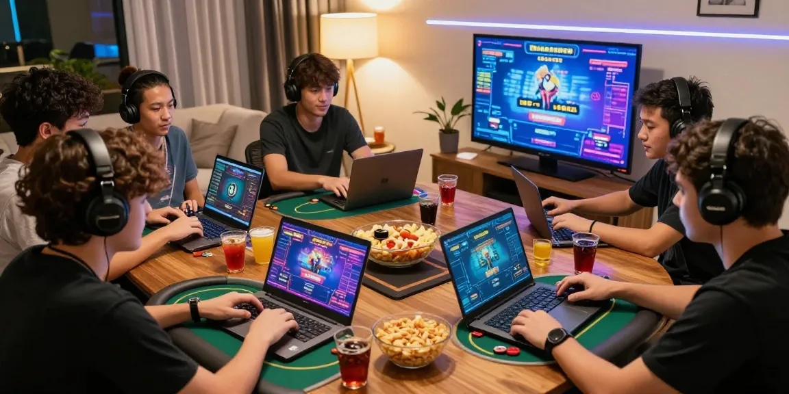 Pengalaman bermain dewapoker di ruang tamu modern dengan pemain penuh semangat dan permainan yang menarik.