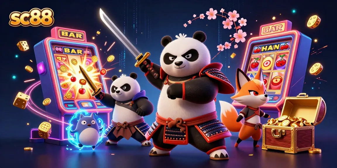 Join the excitement at sc88, where a samurai panda and ninja fox celebrate big wins with thrilling casino elements.