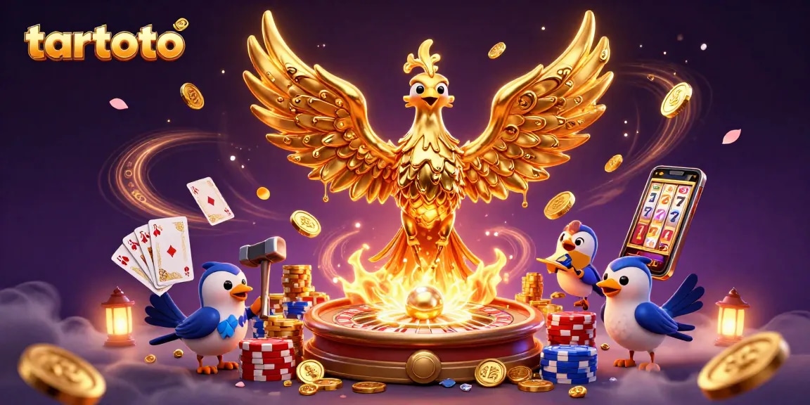 Experience winning moments at tartoto, featuring a golden phoenix with coins, jackpot spins, and vibrant casino elements.