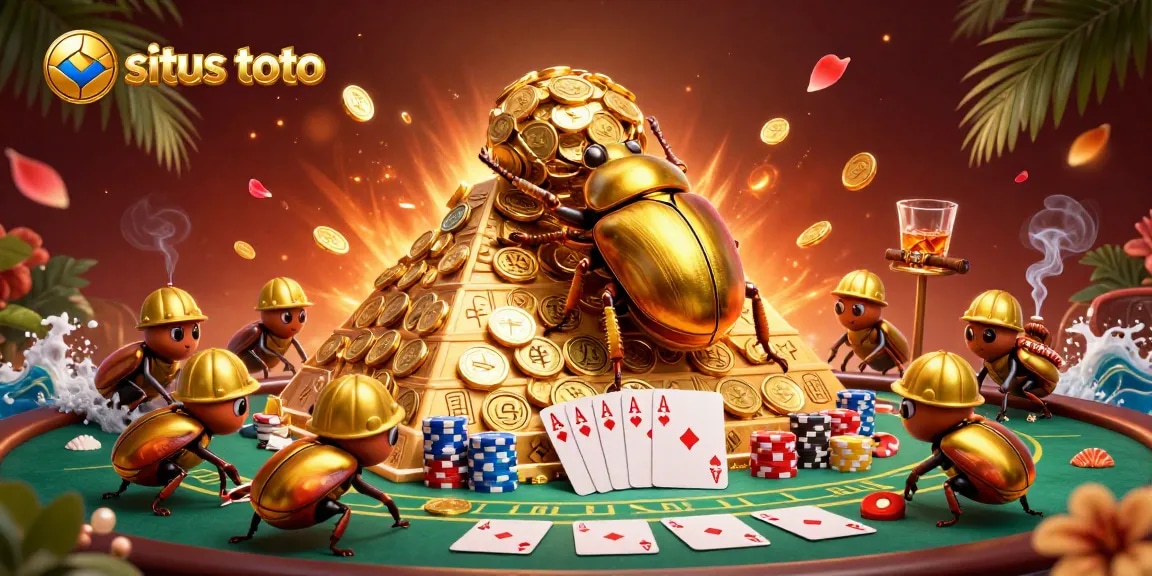 Roll in riches with situs toto as a golden dung beetle rolls coins up a pyramid in this vibrant casino scene.