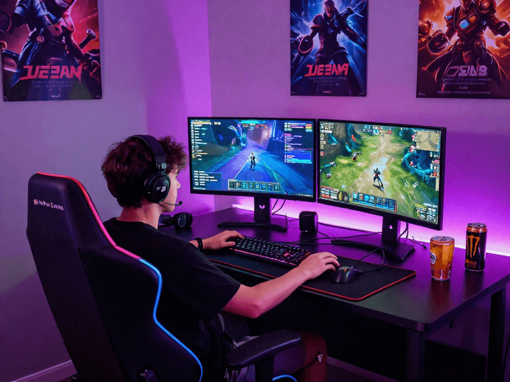 A gamer engaged in a dynamic session using MPOCASH.blog, showcasing a vibrant gaming setup with dual monitors and accessories.