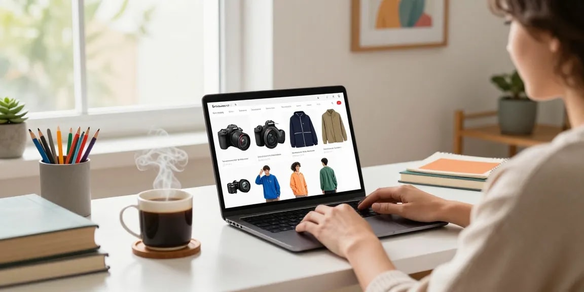 Benihtoto online shopping experience with a person browsing products in a cozy home setting.
