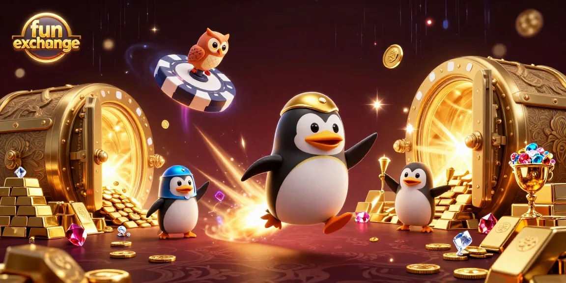 Join the fun exchange with the golden penguin navigating casino space, surrounded by treasures and excitement.