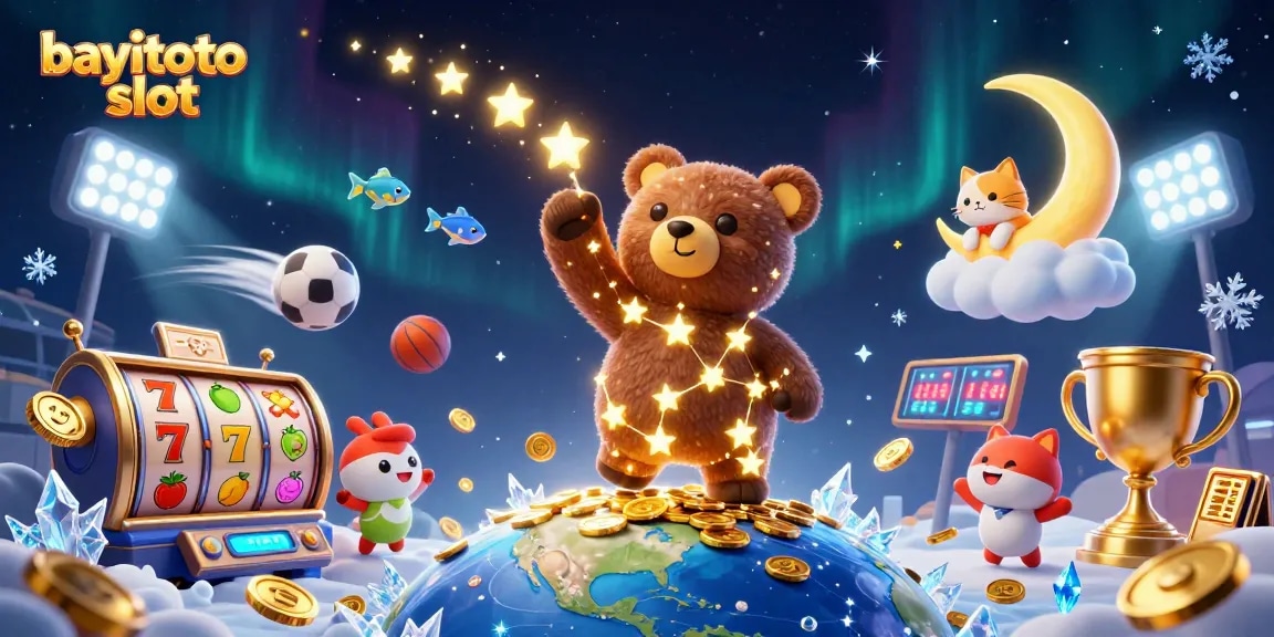Experience thrilling bayitoto slot gameplay with the constellation bear scooping coins amidst vibrant casino elements.