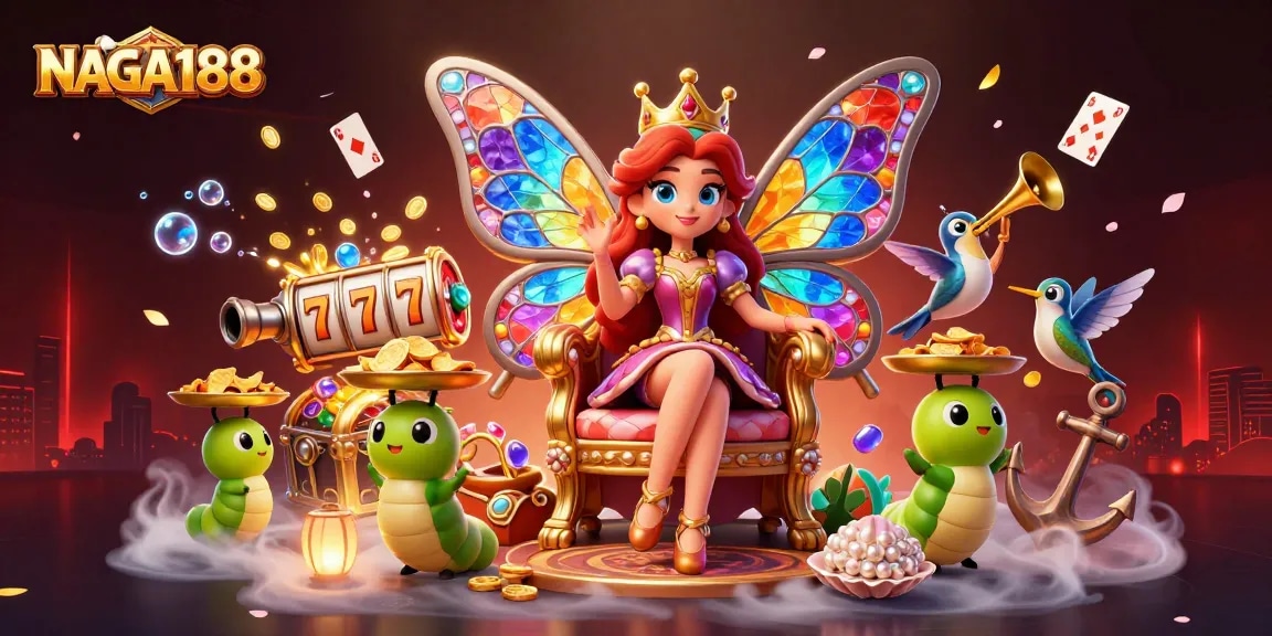 NAGA188 memberikan pengalaman bermain slot yang menyenangkan dengan ratu kupu-kupu ilustrasi 3D.
