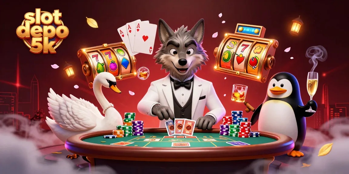 Experience thrilling wins with slot depo 5k in this vibrant casino illustration featuring lively game elements.