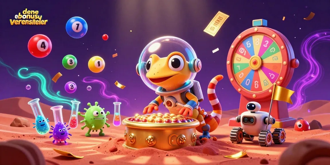 denemebonusuverensiteler showcases a Martian gecko and a golden casino in an imaginative gambling scene.