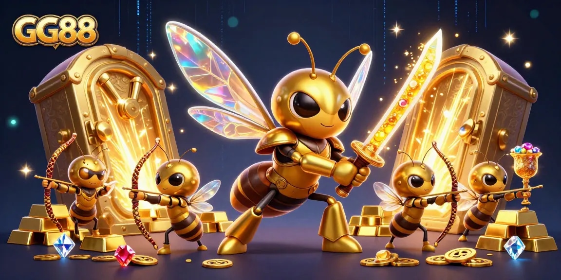 Experience the thrill of GG88 with a vibrant casino scene featuring a golden hornet warrior.