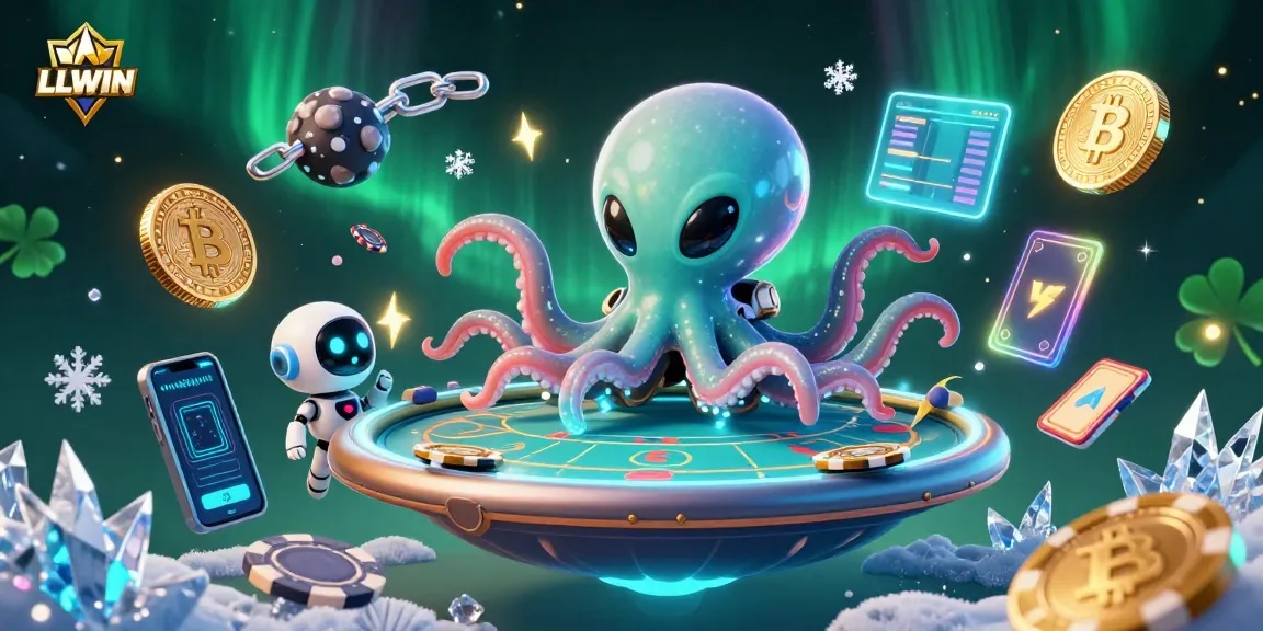 Experience thrilling poker with LLWIN's alien octopus and vibrant crypto elements in this engaging illustration.
