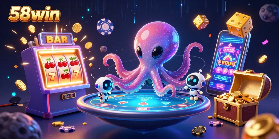 Experience exciting gameplay at 58win with a vibrant 3D casino illustration showcasing thrilling poker and slots.